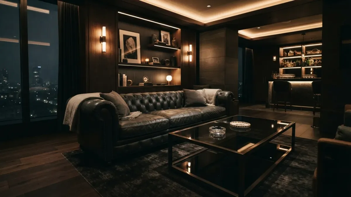 A modern dimly lit private lounge room with a sleek leather sofa and a polished glass table, devoid of people or text.